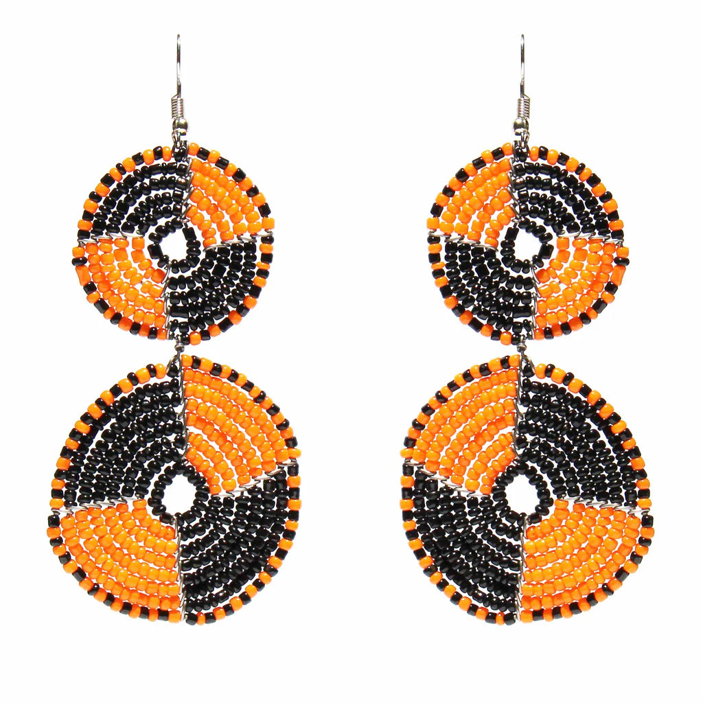 Earrings, Maasai Bead Double Circle Dangle Earrings, Mango Orange and Black