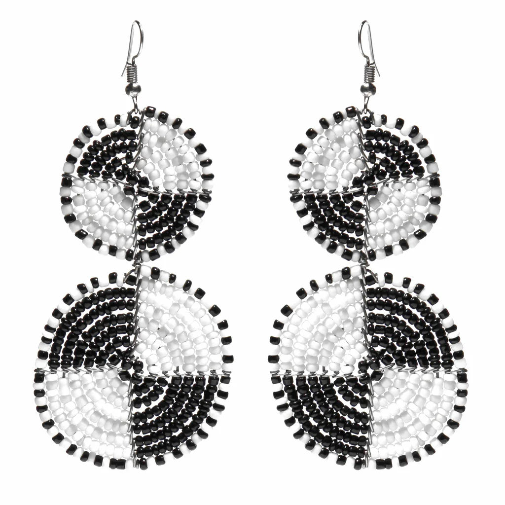Earrings, Maasai Bead Double Circle Dangle Earrings, White and Black