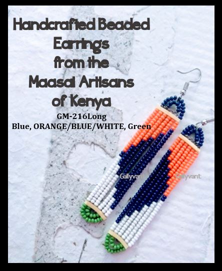 Handmade beaded earrings from Kenya in an oblong shape. The dominant color is light blue, withblue and green beads at a semi-circle at the tips.