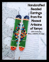 Handmade beaded earrings from Kenya in an oblong shape. The dominant color is light blue, with blue and orange beads at a semi-circle at the tips.