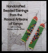 Handmade beaded earrings from Kenya in an oblong shape. The dominant color is light blue, with orange and white beads at a semi-circle at the tips.