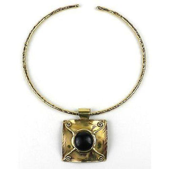 X Squared Dark Blue Tiger Eye Brass Pendant Necklace Handmade and Fair Trade