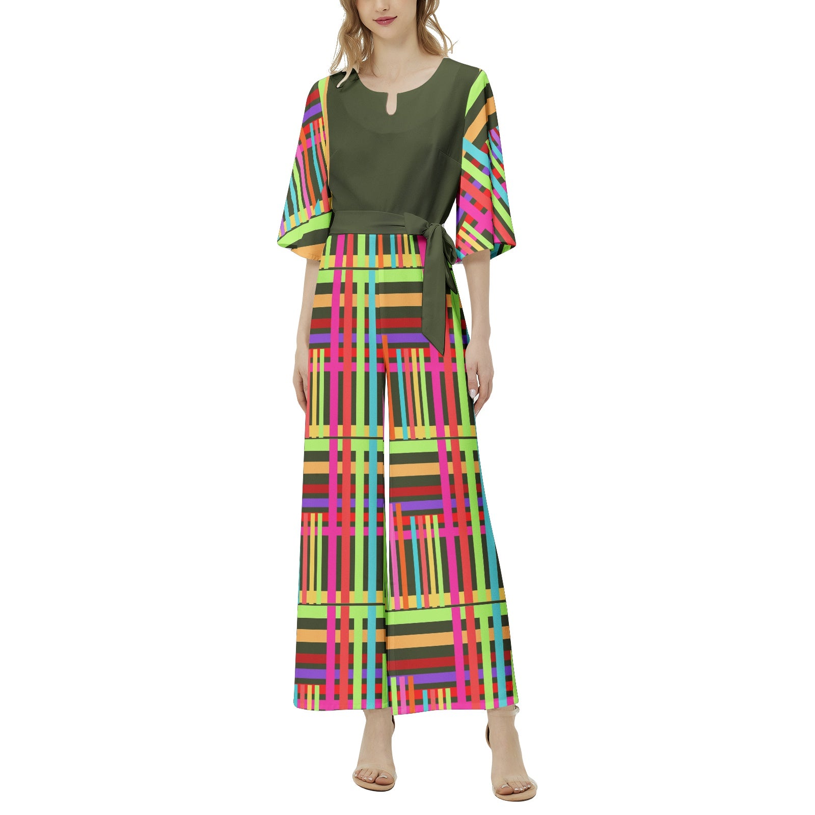 JUMPSUIT Dolman Sleeve Belted Wide Leg - Brights on Green Yellow