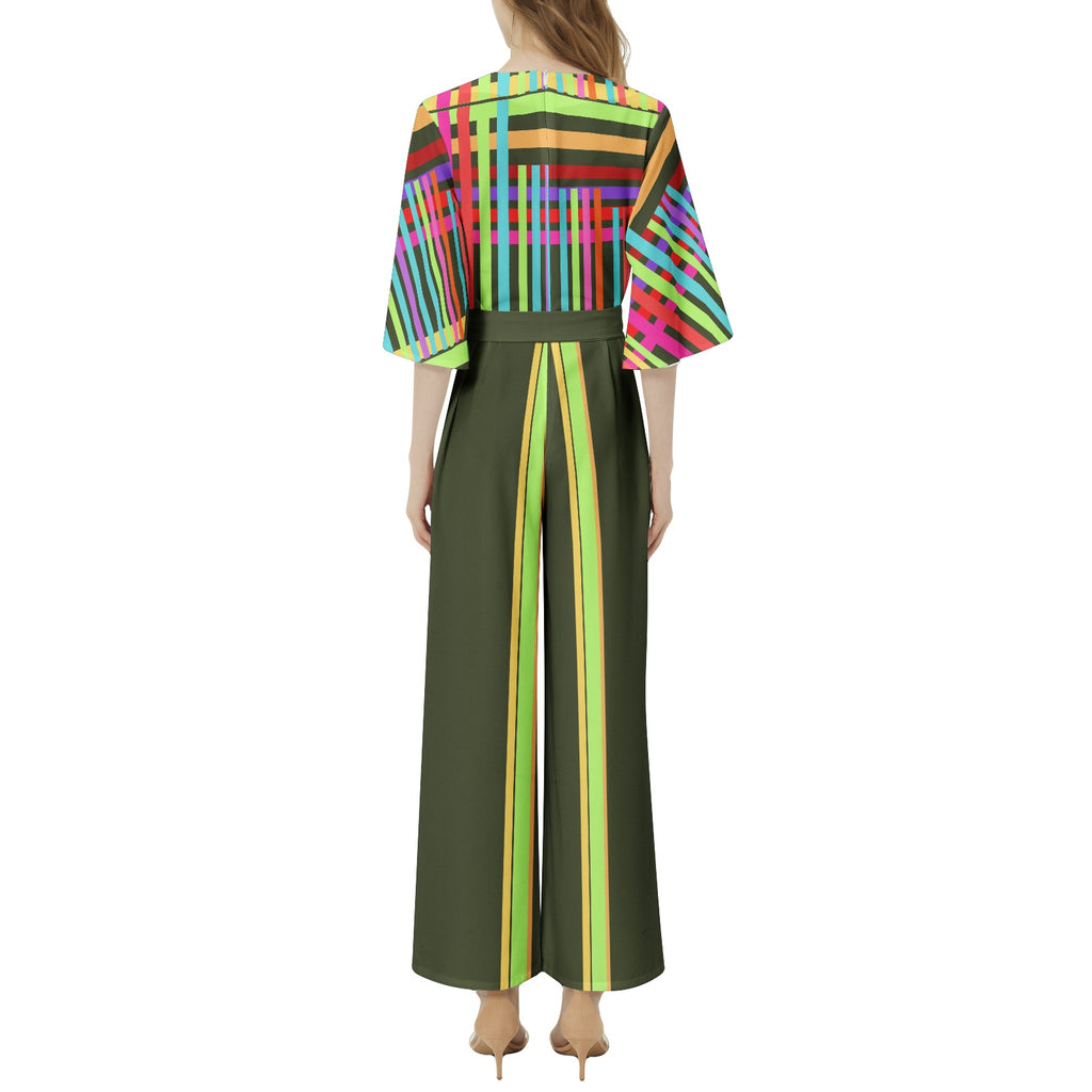 JUMPSUIT Dolman Sleeve Belted Wide Leg - Brights on Green Yellow