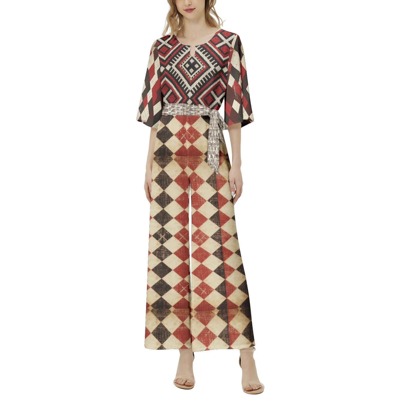 JUMPSUIT Dolman Sleeve Belted Wide Leg - Harlequin Design 08261