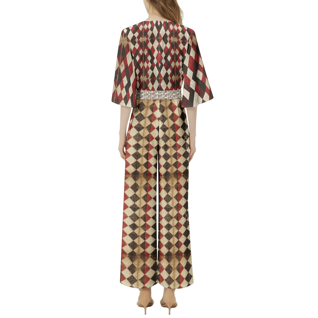 JUMPSUIT Dolman Sleeve Belted Wide Leg - Harlequin Design 08261