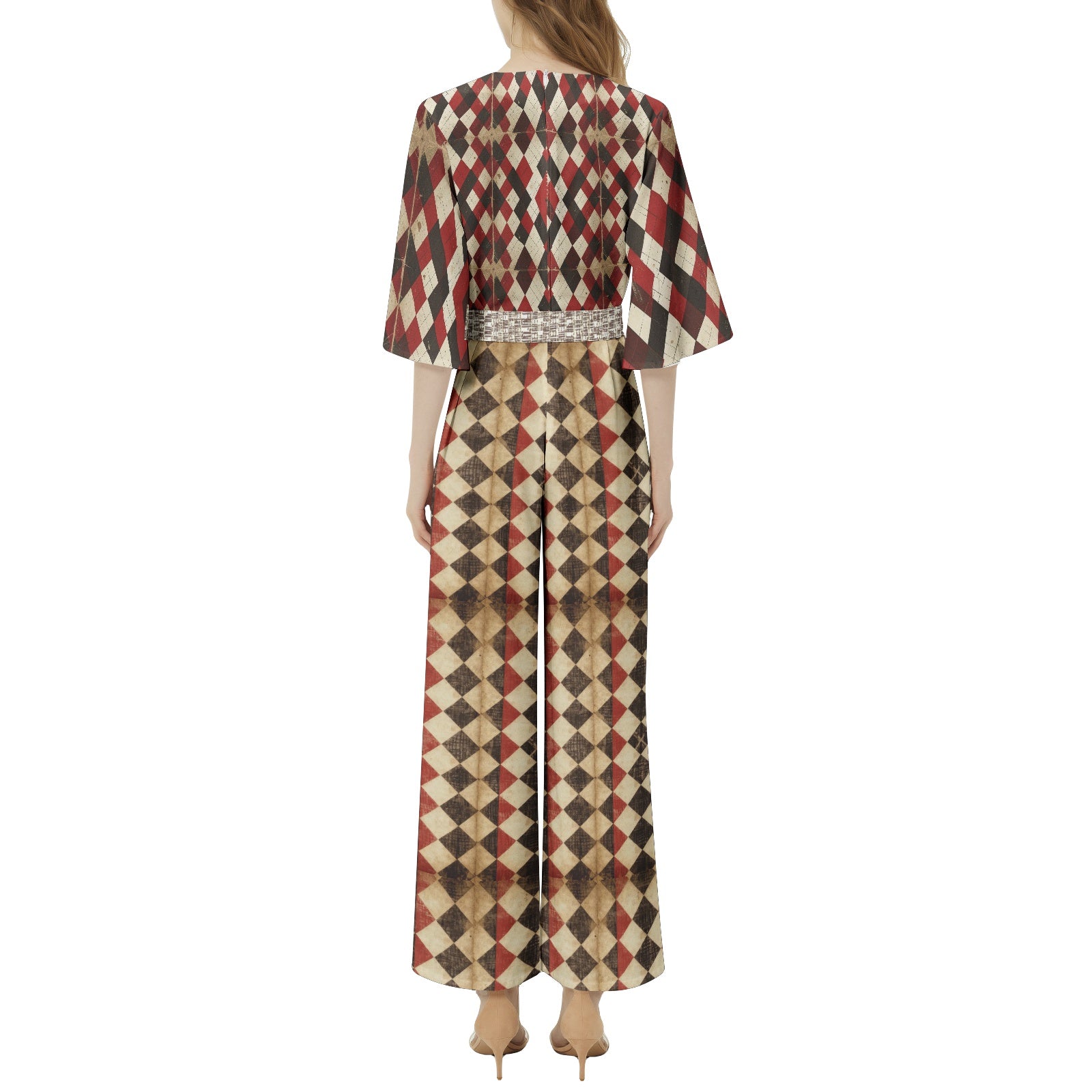 JUMPSUIT Dolman Sleeve Belted Wide Leg - Harlequin Design 08261