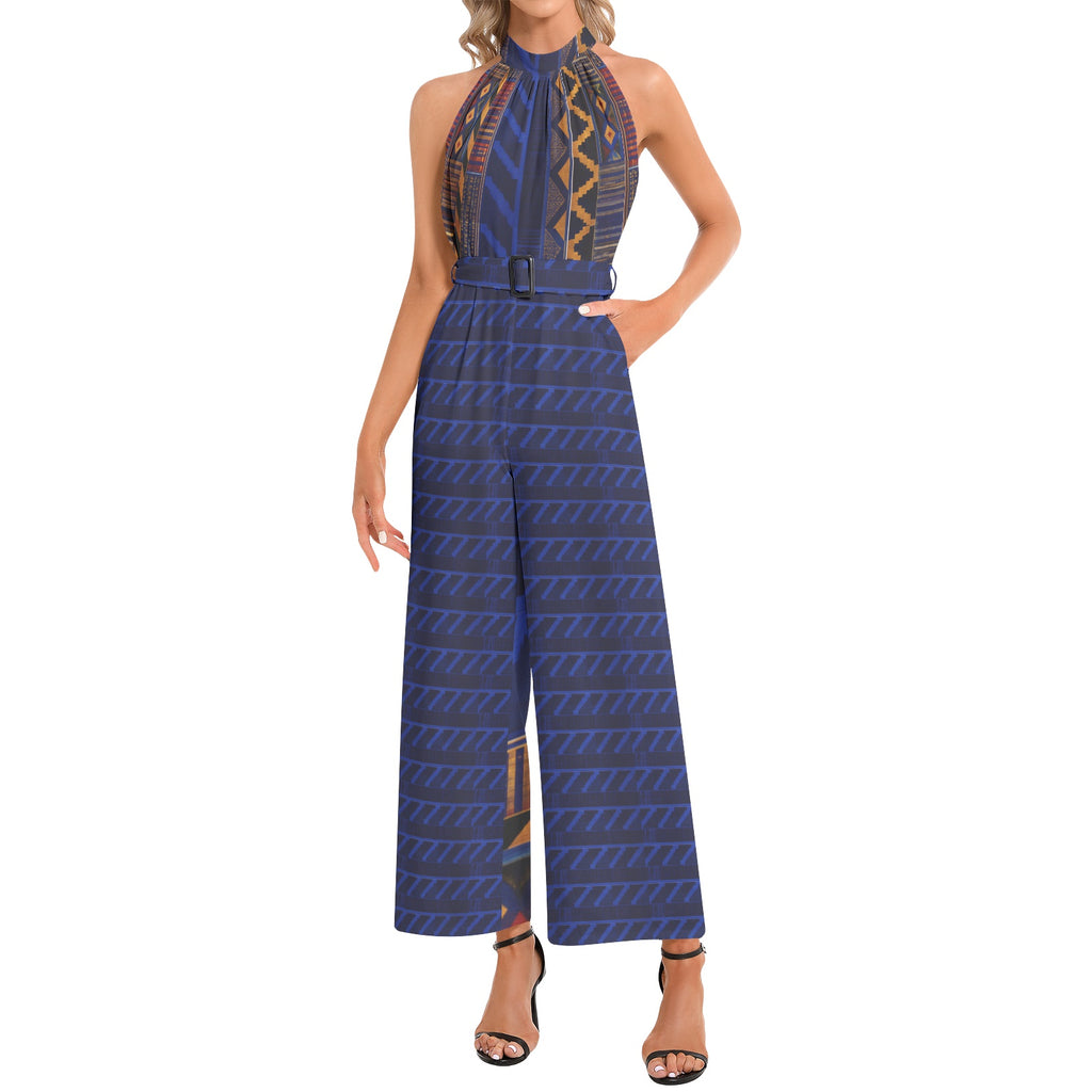 JUMPSUIT - Halter Neck Buckle Belted Design Blue Kente 08196