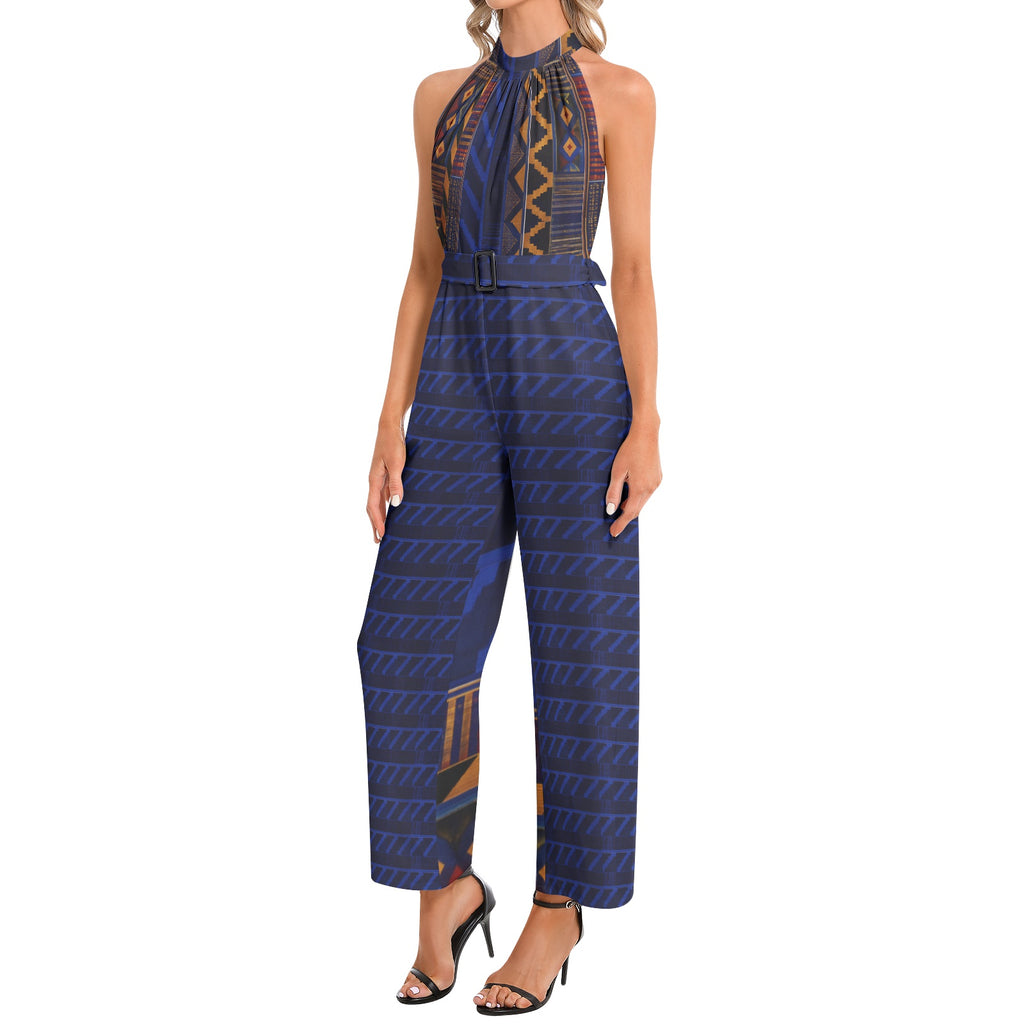 JUMPSUIT - Halter Neck Buckle Belted Design Blue Kente 08196
