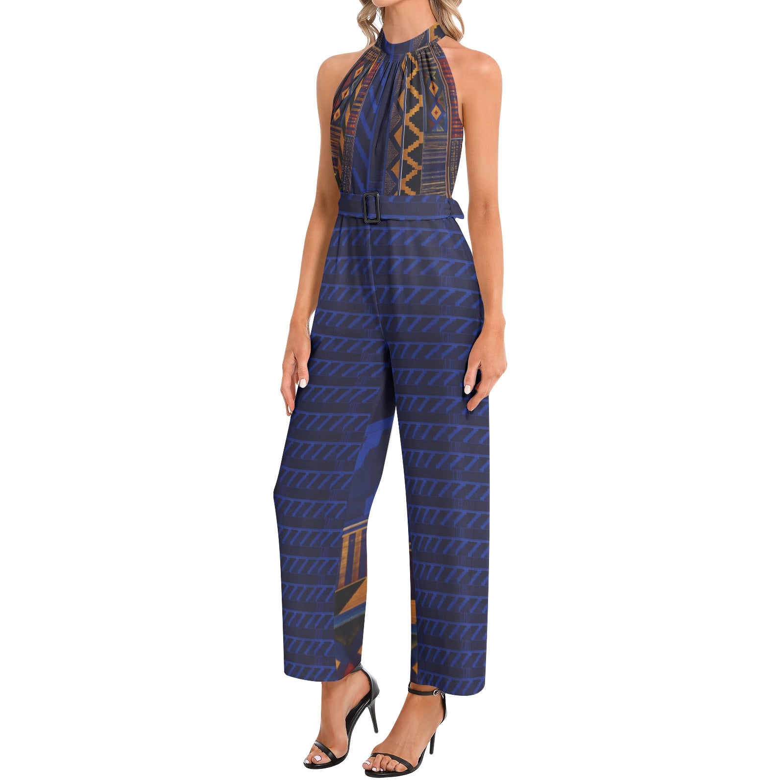 JUMPSUIT - Halter Neck Buckle Belted Design Blue Kente 08196