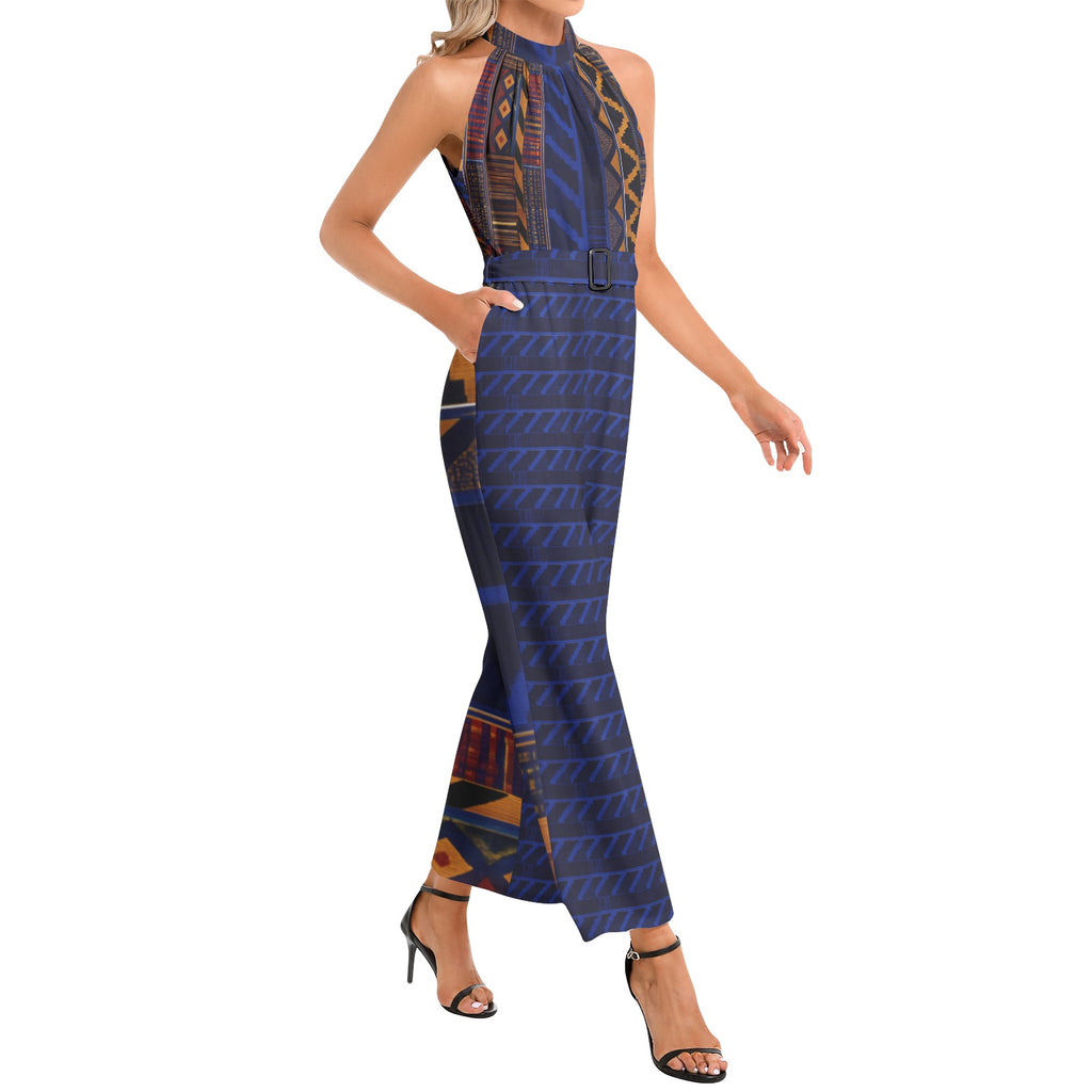 JUMPSUIT - Halter Neck Buckle Belted Design Blue Kente 08196