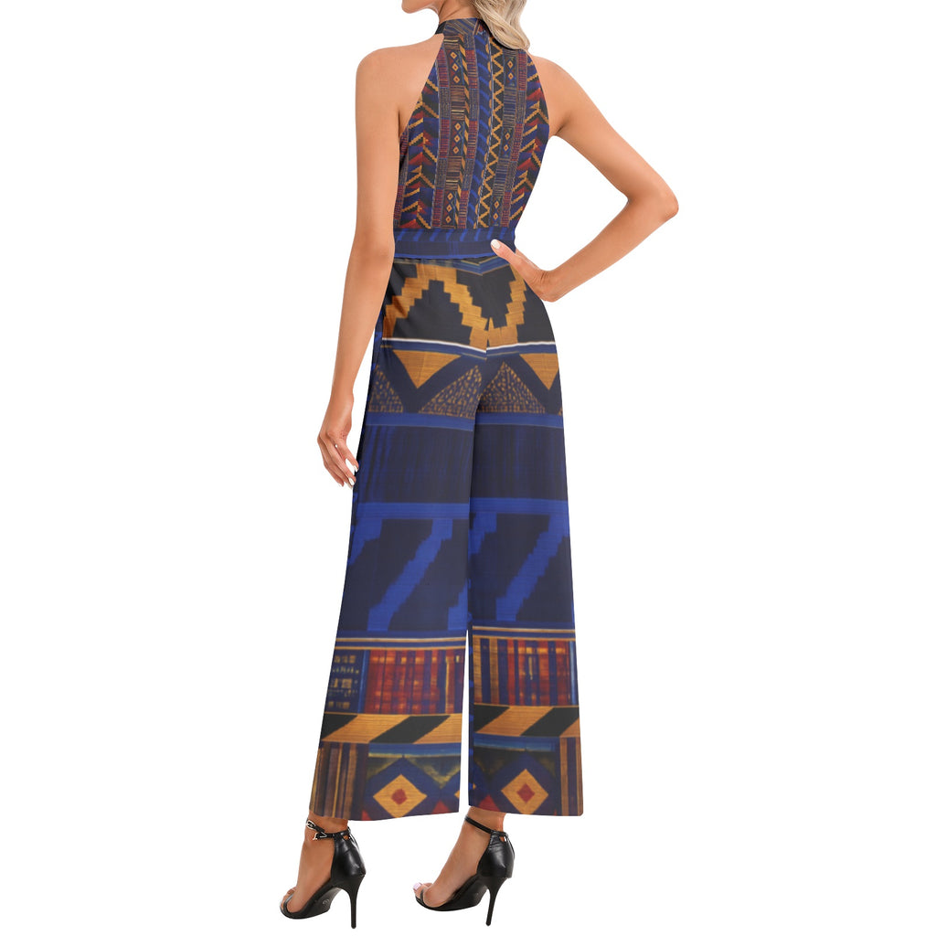 JUMPSUIT - Halter Neck Buckle Belted Design Blue Kente 08196