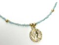 Necklace, Baby Blue Glass Bead Choker with Brass Coin Pendant