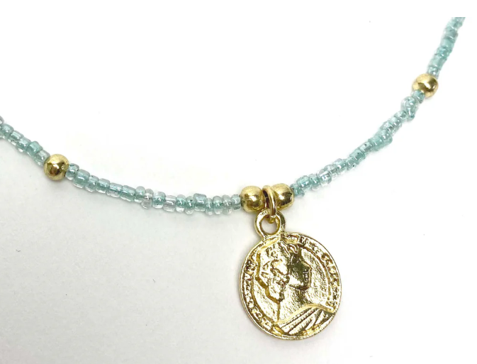 Necklace, Baby Blue Glass Bead Choker with Brass Coin Pendant