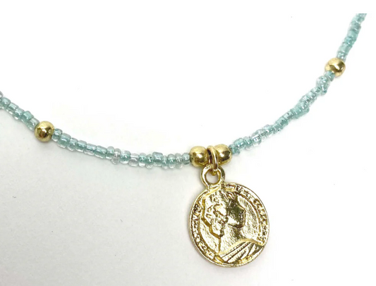 Necklace, Baby Blue Glass Bead Choker with Brass Coin Pendant