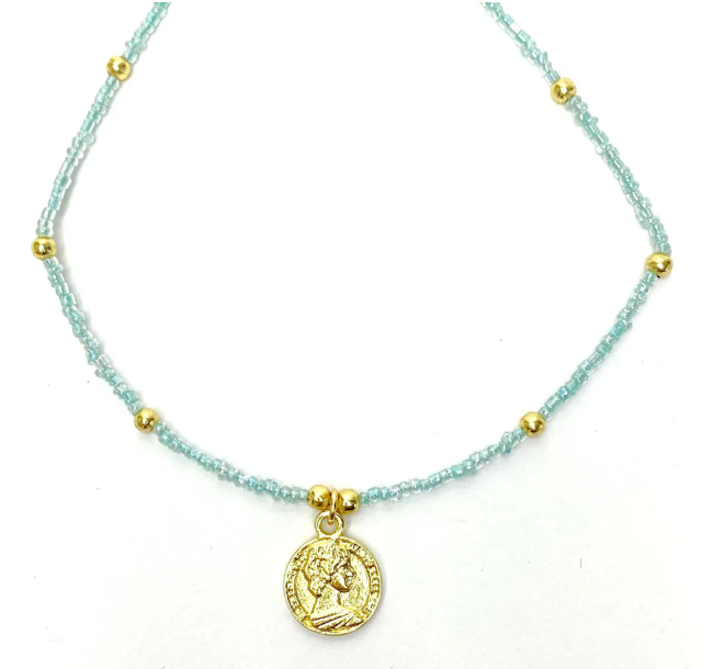 Necklace, Baby Blue Glass Bead Choker with Brass Coin Pendant