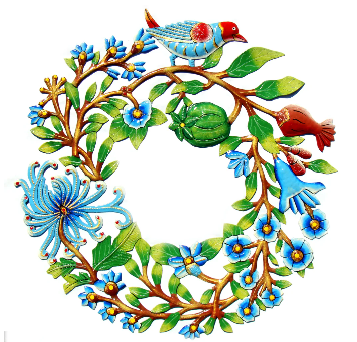 Decor, Blue Bird Door Wreath Haitian Metal Drum Wall Art - Haitian Artisans