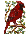 Cardinal Bird on Branch Painted Haitian Metal Drum Wall Art (13" x 8")