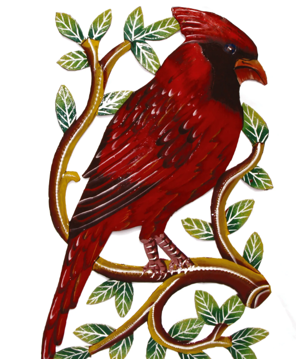 Cardinal Bird on Branch Painted Haitian Metal Drum Wall Art (13" x 8")