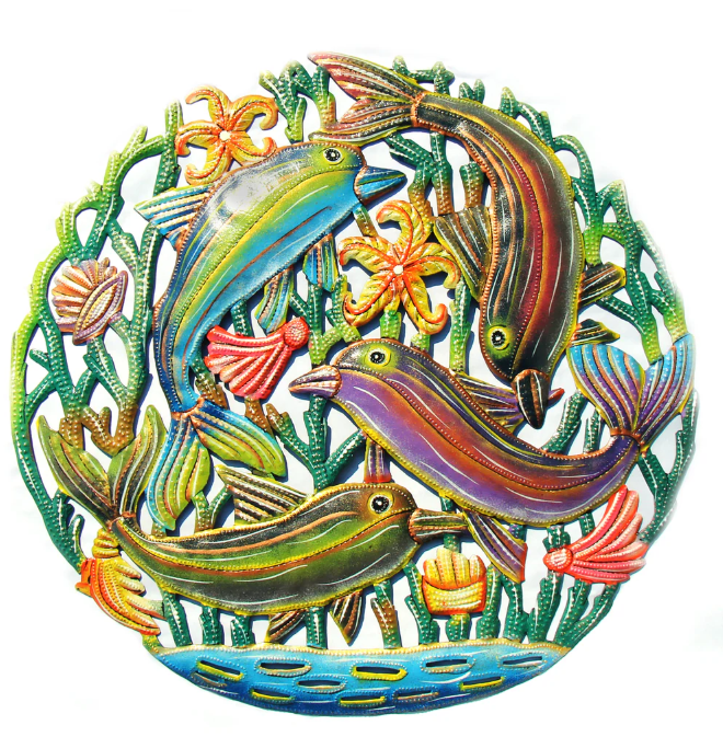 Decor, Coastal Playful Dolphins Haitian Metal Drum Wall Art - Haitian Artisans