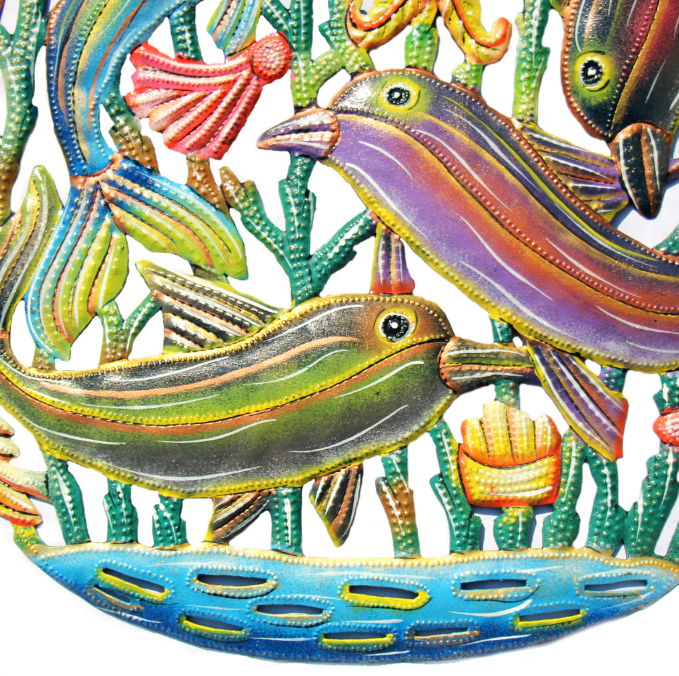 Decor, Coastal Playful Dolphins Haitian Metal Drum Wall Art - Haitian Artisans