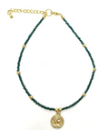 Necklace, Dark Green Glass Bead Choker with Brass Coin Pendant
