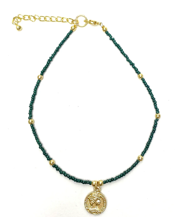 Necklace, Dark Green Glass Bead Choker with Brass Coin Pendant