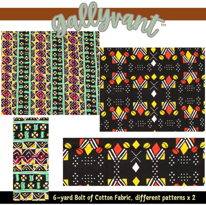 Fabric Bolts - Black, Yellow, Red Shield with Yellow Shells + Red, Yellow, Green - 6 Yards