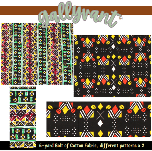 Fabric Bolts - Black, Yellow, Red Shield with Yellow Shells + Red, Yellow, Green - 6 Yards