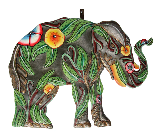 Decor, Hibiscus Elephant Haitian Metal Drum Art - Haitian Artisans