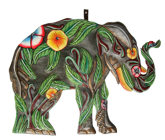 Decor, Hibiscus Elephant Haitian Metal Drum Art - Haitian Artisans