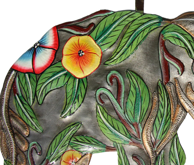 Decor, Hibiscus Elephant Haitian Metal Drum Art - Haitian Artisans