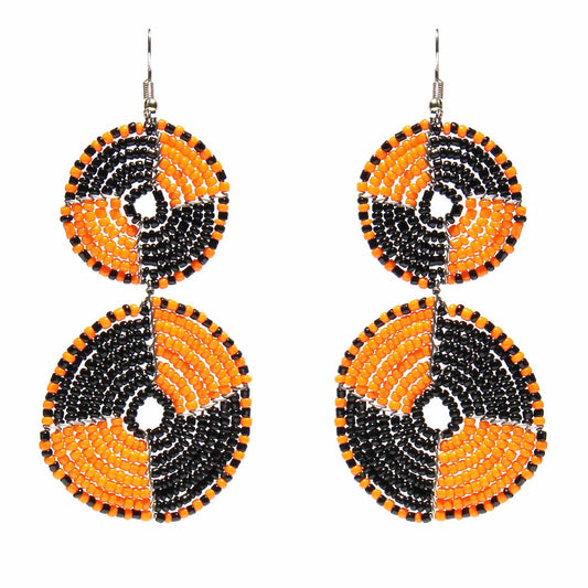 Earrings, Maasai Bead Double Circle Dangle Earrings, Mango Orange and Black