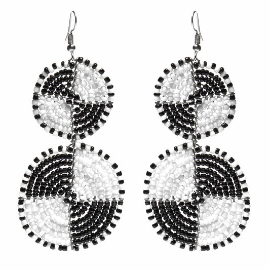 Earrings, Maasai Bead Double Circle Dangle Earrings, White and Black