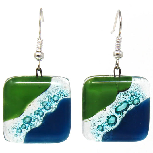 Earrings, Square Glass Dangle Earrings, Blue Green Waves - Tili Glass