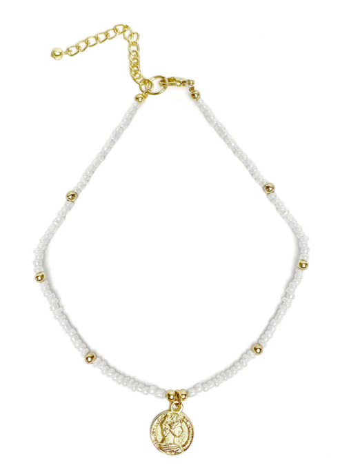 Necklace, White Glass Bead Choker with Brass Coin Pendant