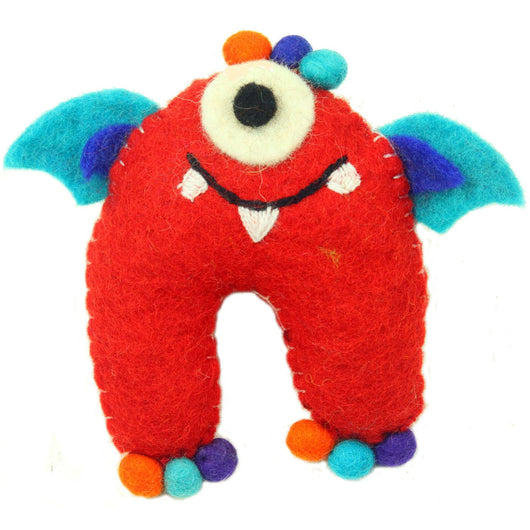 Hand Felted One-Eyed Red Tooth Monster with Wings Handmade and Fair Trade