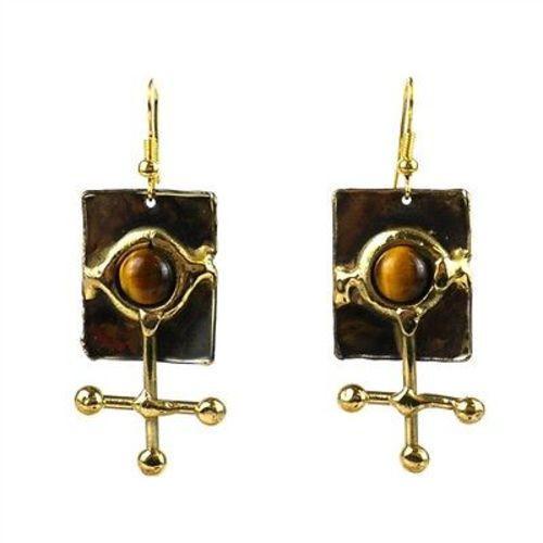 Gold Tiger Eye Ball and Jack Brass Earrings Handmade and Fair Trade