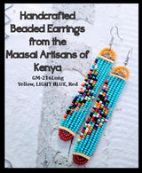 Handmade beaded earrings from Kenya in an oblong shape. The dominant color is light blue, with yellow and red beads at a semi-circle at the tips.